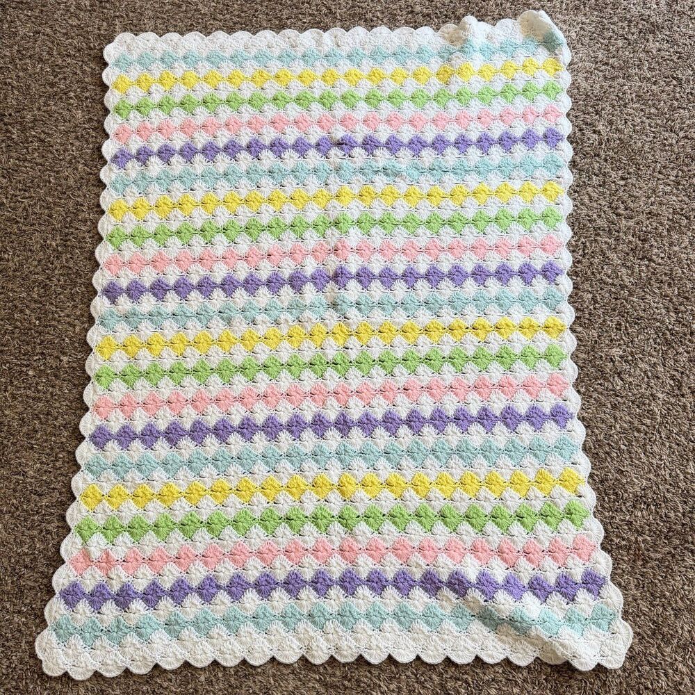 Handmade Crochet Baby Afghan Crib Blanket Pastel Crocodile Shell Stitch